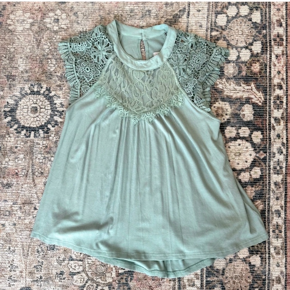 White Birch Sage Green Lace Blouse